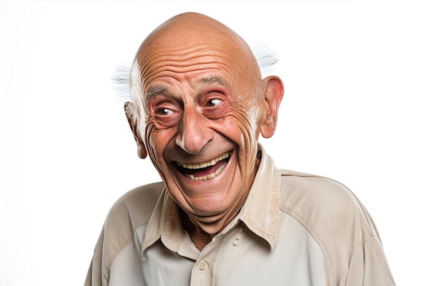 Portret van een gelukkige kale oudere man op een witte achtergrond