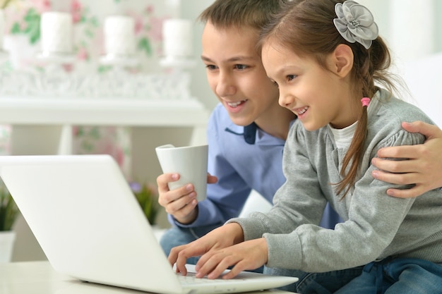 Portret van een gelukkige kinderen met laptop thuis