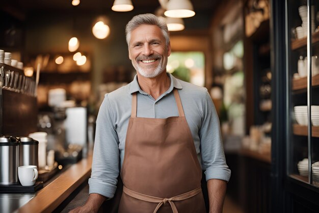 Portret van een gelukkige man die bij de deur van zijn winkel staat Een vrolijke volwassen ober die wacht op klanten in een koffieshop Een succesvolle eigenaar van een klein bedrijf in een grijs schortje