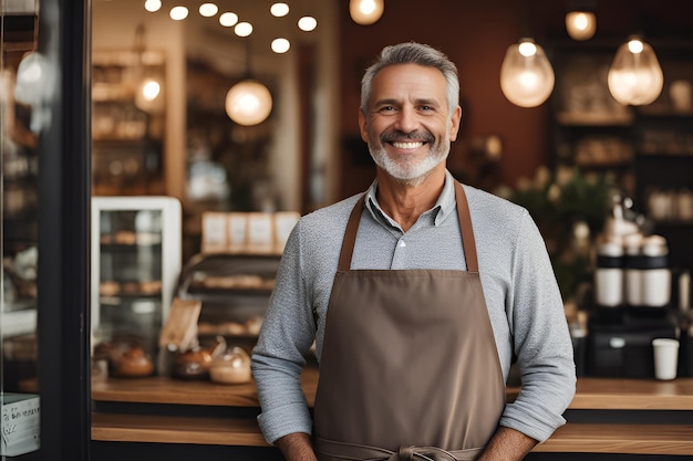 Portret van een gelukkige man die bij de deur van zijn winkel staat Een vrolijke volwassen ober die wacht op klanten in een koffieshop Een succesvolle eigenaar van een klein bedrijf in een grijs schortje