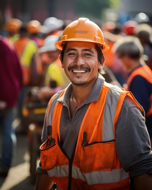 Portret van een gelukkige mannelijke bouwvakker die naar de camera glimlacht. Labor Day concept