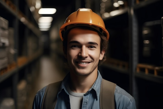 Portret van een gelukkige mannelijke werknemer in de maakindustrie met stapels kartonnen dozen Magazijnmedewerker Opslagachtergrond Generatieve ai
