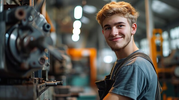 Foto portret van een gelukkige mechanische ingenieur in zijn diensttijd met een grote kopie ruimte generatieve ai