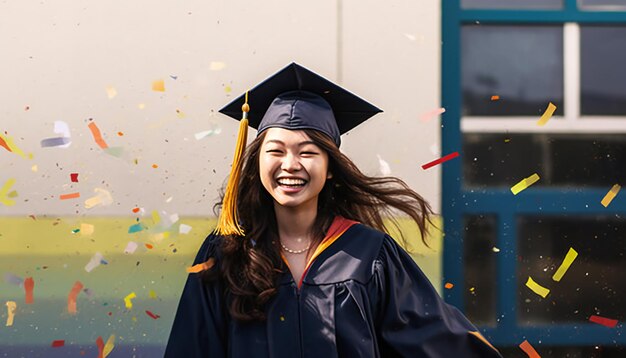 Portret van een gelukkige, mooie AsianAmerican-meisjesafstudeerdag op de middelbare school