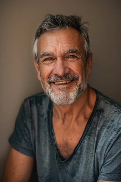 Portret van een gelukkige oudere man met een warme glimlach en casual stijl