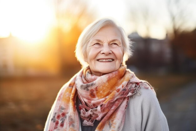 Portret van een gelukkige oudere vrouw die buiten staat, gemaakt met generatieve ai