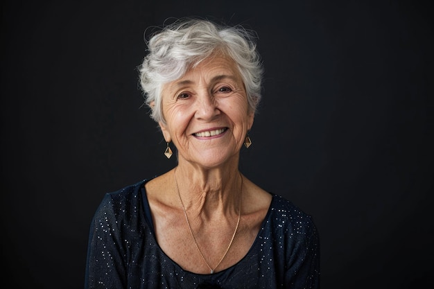 Portret van een gelukkige oudere vrouw die naar de camera glimlacht op een zwarte achtergrond