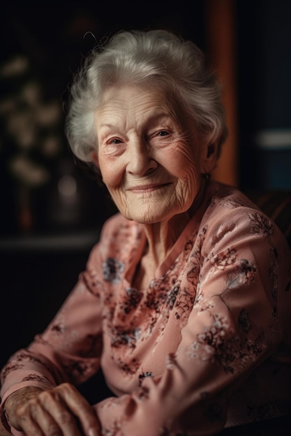 Portret van een gelukkige oudere vrouw die thuis ontspant, gemaakt met generatieve AI