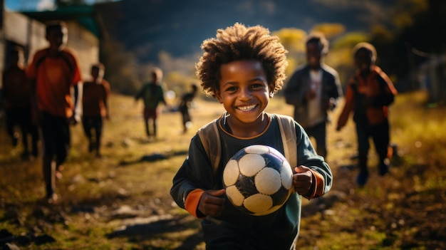 Portret van een gelukkige Papoea-jongen met een voetbal in de hand terwijl zijn vrienden op de achtergrond spelen