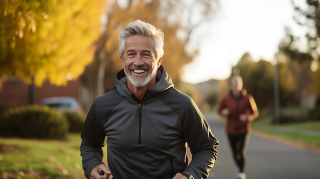 Portret van een gelukkige senior man die lacht tijdens het joggen in het park