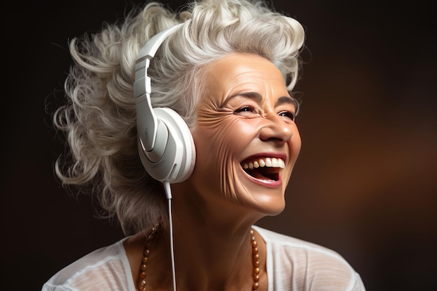Portret van een gelukkige senior vrouw in draadloze hoofdtelefoons dansend zingend AI gegenereerd