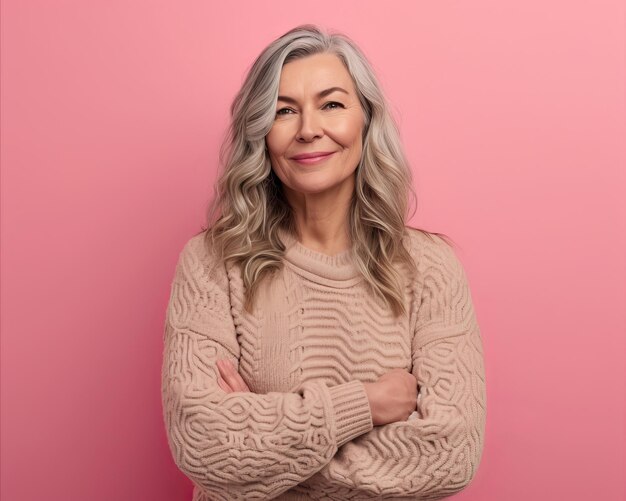 Portret van een gelukkige senior vrouw met gekruiste armen op roze achtergrond