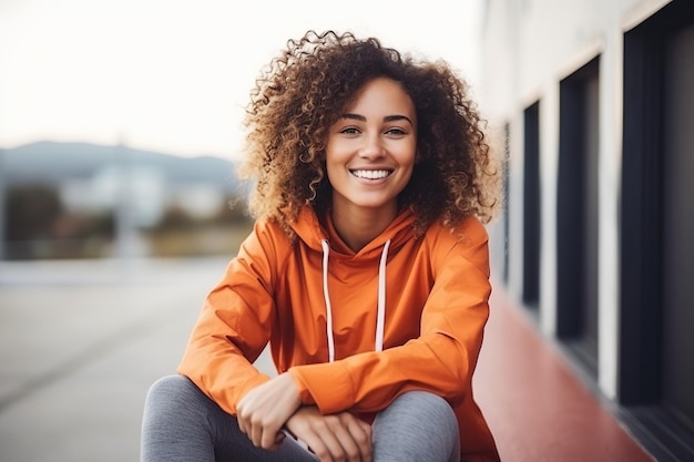 Portret van een gelukkige sportvrouw die buiten zit