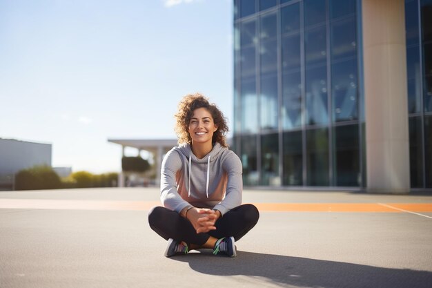 Portret van een gelukkige sportvrouw die buiten zit