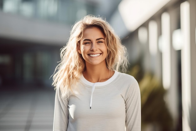 Portret van een gelukkige sportvrouw die buiten zit