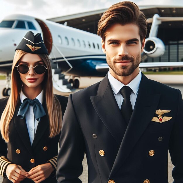Portret van een gelukkige stewardess en piloot die tegen een privéjet staan bij de terminal
