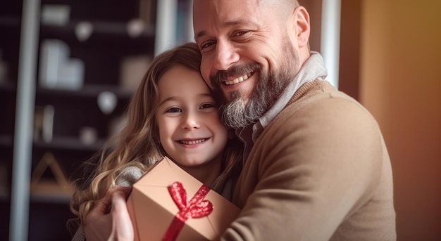 Portret van een gelukkige vader die zijn dochter omhelst die hem een cadeau geeft voor het vieren van Father39s Day in een gezellige thuisscène die door AI is gegenereerd