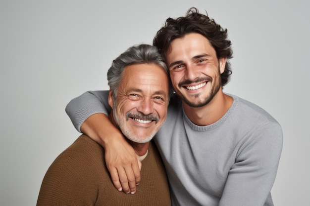 Portret van een gelukkige vader en zoon die elkaar omhelzen op een grijze achtergrond