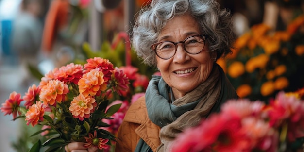 Portret van een gelukkige volwassen vrouw met bloemen buiten ai gegenereerd