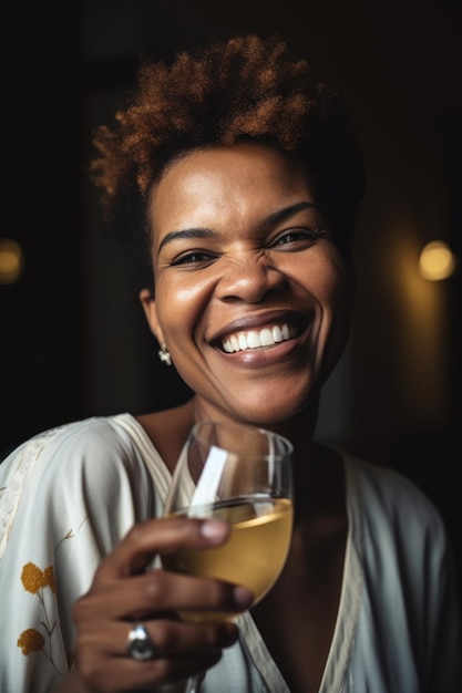 Portret van een gelukkige vrouw die viert met een glas mousserende wijn gemaakt met generatieve ai