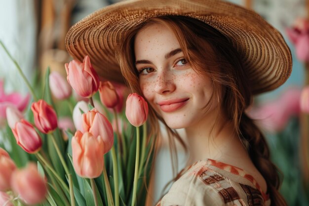 portret van een gelukkige vrouw in bloemen buiten ai gegenereerd