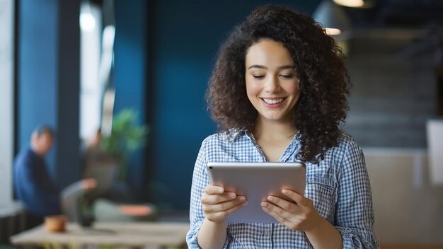 Portret van een gelukkige vrouw met een digitale tablet