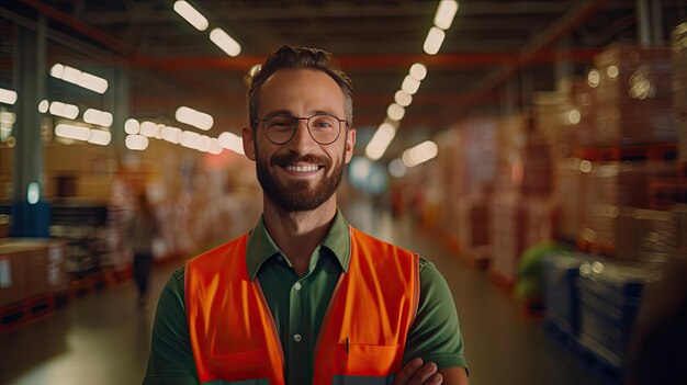 Foto portret van een gelukkige werknemer-chauffeur in het grote magazijn van het warenhuis generatieve ai