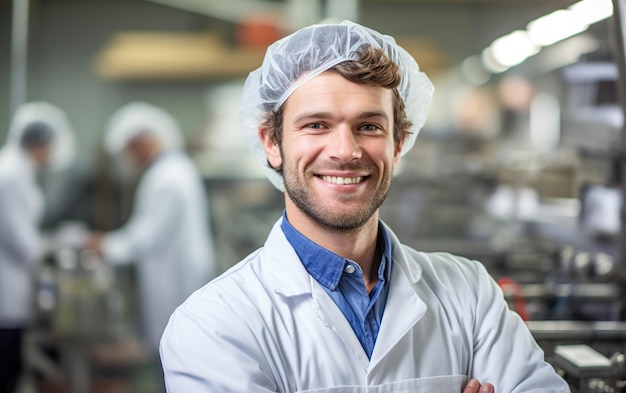 Portret van een gelukkige werknemer en een productielijn op de achtergrond