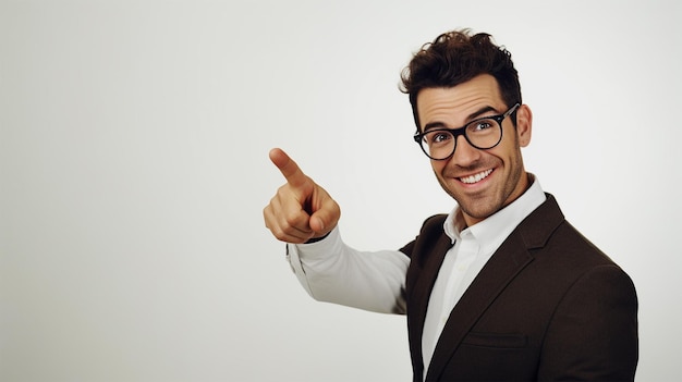 Portret van een gelukkige zakenman in een bril die met de vinger wegwijst over een witte muur