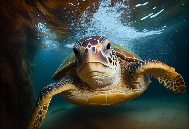 Portret van een gelukkige zeeschildpad die onder water zwemt Generatieve AI