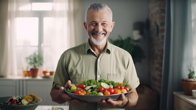 Portret van een gepensioneerde volwassen man met een schotel gezonde groentensalade met een glimlachend gezicht