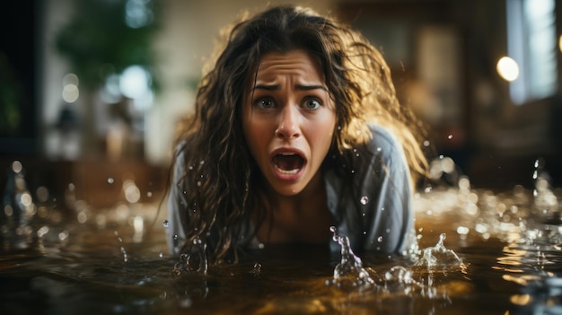 Foto portret van een geschokte jonge vrouw in een overstroomd huis