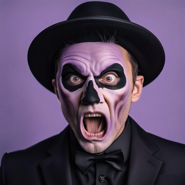 Foto portret van een geschokte man in halloween-make-up en kostuum die zijn gezicht van angst grijpt