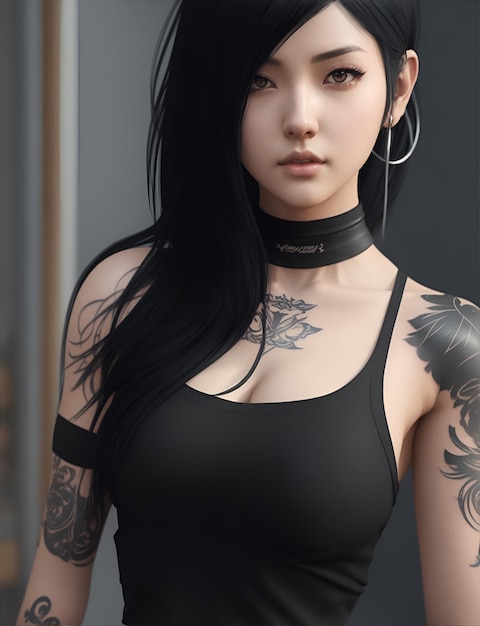 portret van een getatoeëerd aimade anime-meisje met een zwart afgesneden T-shirt en lang zwart haar 07