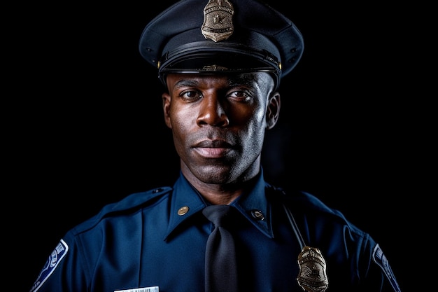 Portret van een geuniformeerde Afro-Amerikaanse politieagent op straat