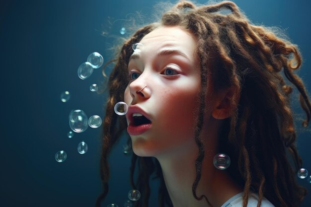 Foto portret van een gevlekte tienermeisje met dreads onder het water ai gegenereerd