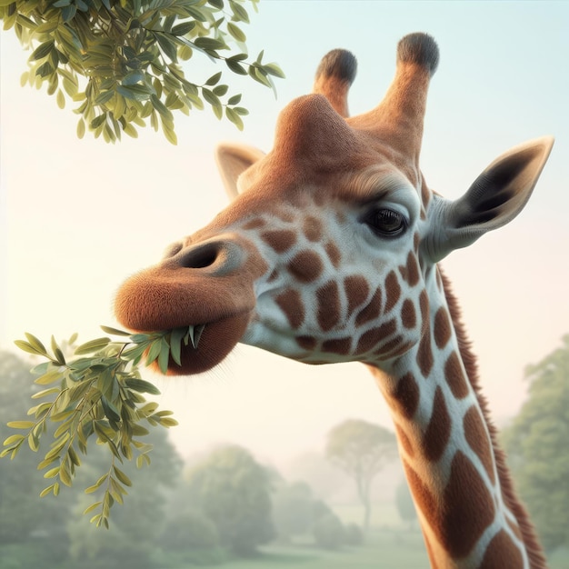 portret van een giraffe die bladeren eet