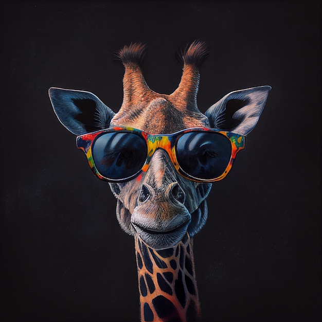 Portret van een giraffe met een bril op een zwarte achtergrond Generatieve AI