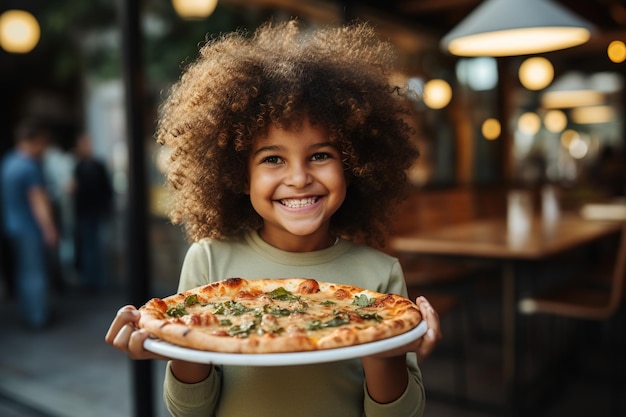 Portret van een glimlachend Afro-Amerikaans meisje dat pizza eet