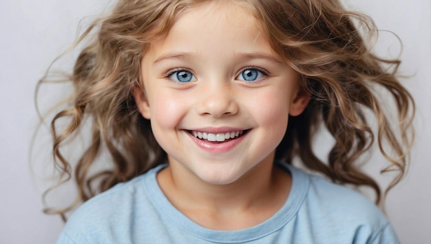 Portret van een glimlachend blank meisje met blauwe ogen dat naar de camera kijkt op een witte achtergrond