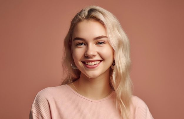 portret van een glimlachend blond meisje geïsoleerd op roze achtergrond in een generatieve AI-studio