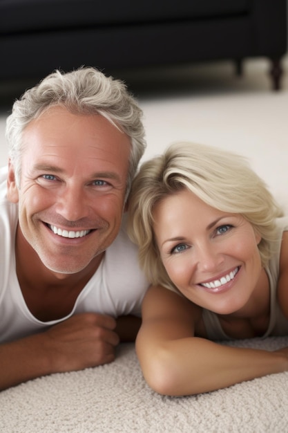 Portret van een glimlachend echtpaar dat op hun woonkamer tapijt ligt