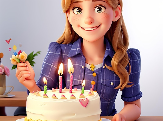 Portret van een glimlachend feestvarken die een plak van cake op plaat met een verlichte kaars houden