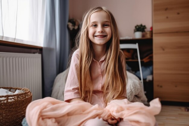 Foto portret van een glimlachend jong meisje dat in een wasmand zit en kleding thuis vouwt