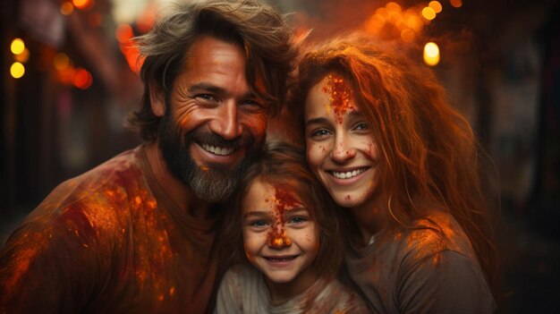 Foto portret van een glimlachend klein gezin dat holi viert en op de rug het holifestival viert