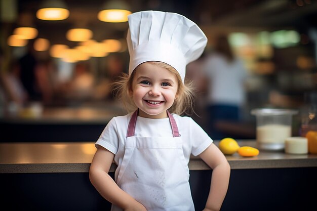 Portret van een glimlachend klein meisje gekleed als chef-kok in een restaurant