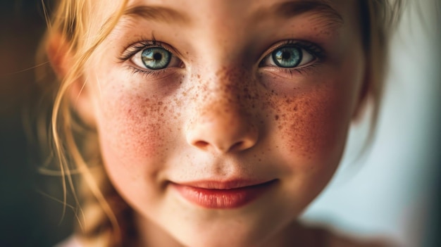 Portret van een glimlachend klein roodharig meisje van de basisschool met sproeten AI generatief