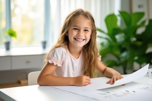 Foto portret van een glimlachend meisje dat poseert terwijl het een ai-generator tekent