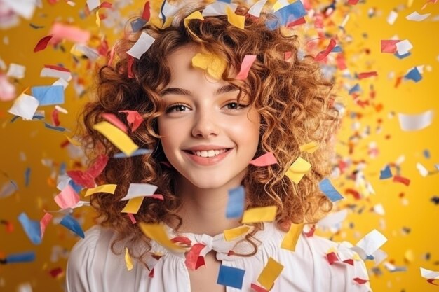 Portret van een glimlachend meisje met krullend haar en confetti op een gele achtergrond