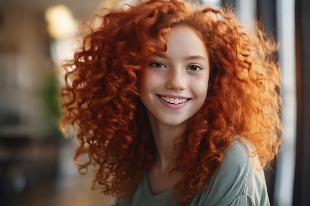 Portret van een glimlachend roodharig meisje met lang krullend haar